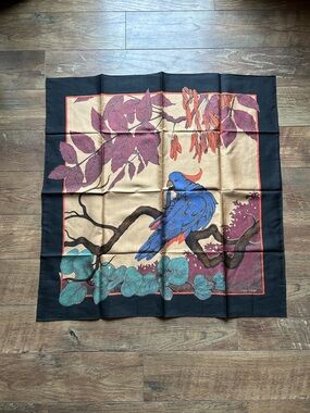 Vintage Blue Parrot Print 100% Thai Silk Scarf - Black Border